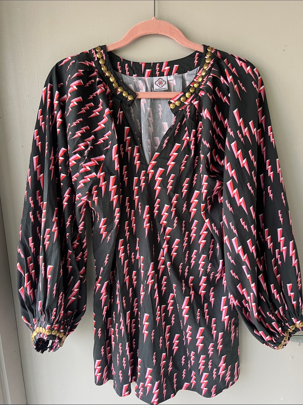 Black & Pink Lightning-Print Mini Dress with Gold Stud Trim
